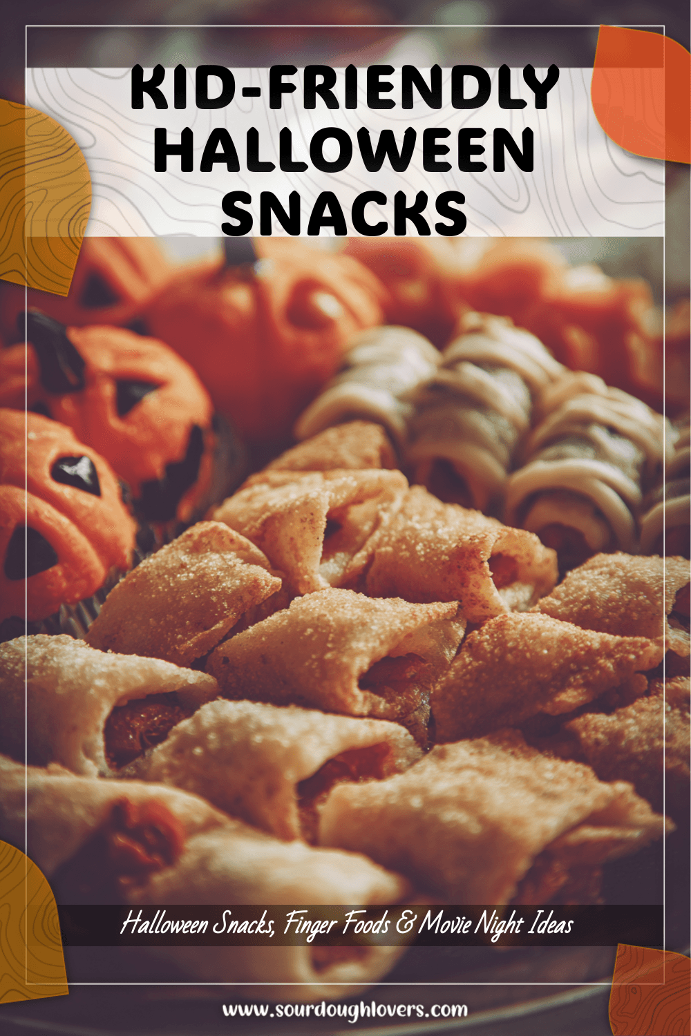 Tray filled with bite-sized Halloween finger foods shaped into fun festive themes 2